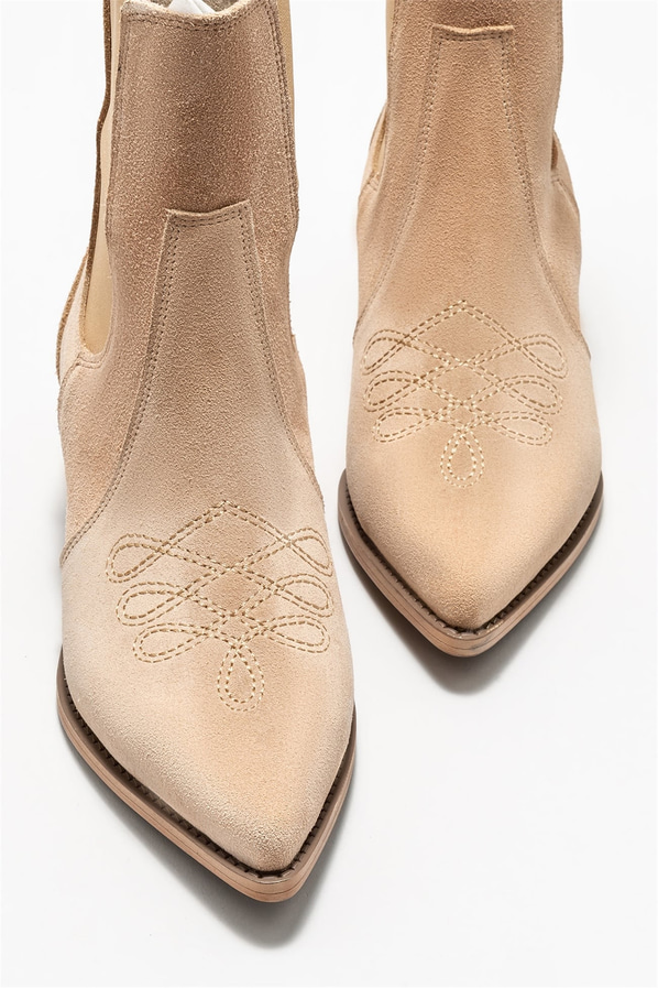 Bej deri topuklu kadın bot - Elle Shoes