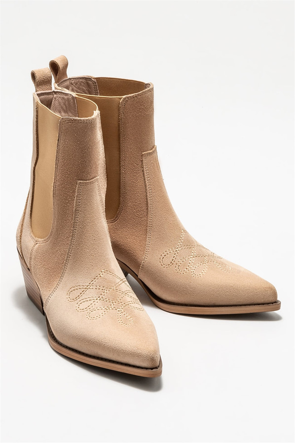 Bej deri topuklu kadın bot - Elle Shoes