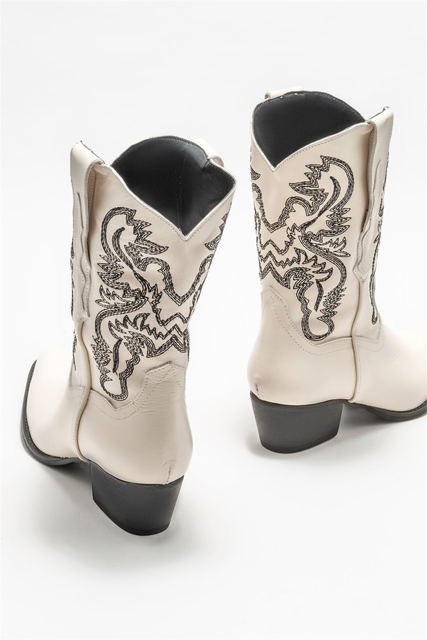 Bej deri topuklu kadın bot - Elle Shoes