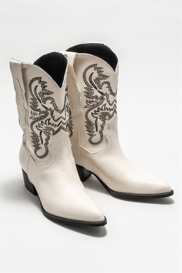 Bej deri topuklu kadın bot - Elle Shoes