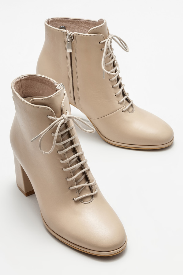 Bej deri topuklu kadın bot - Elle Shoes