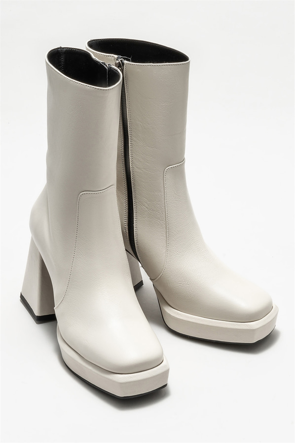 Bej deri topuklu kadın bot - Elle Shoes