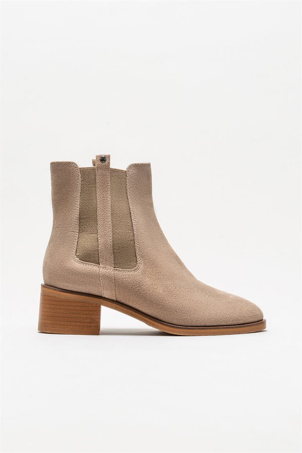 Bej deri topuklu kadın bot - Elle Shoes