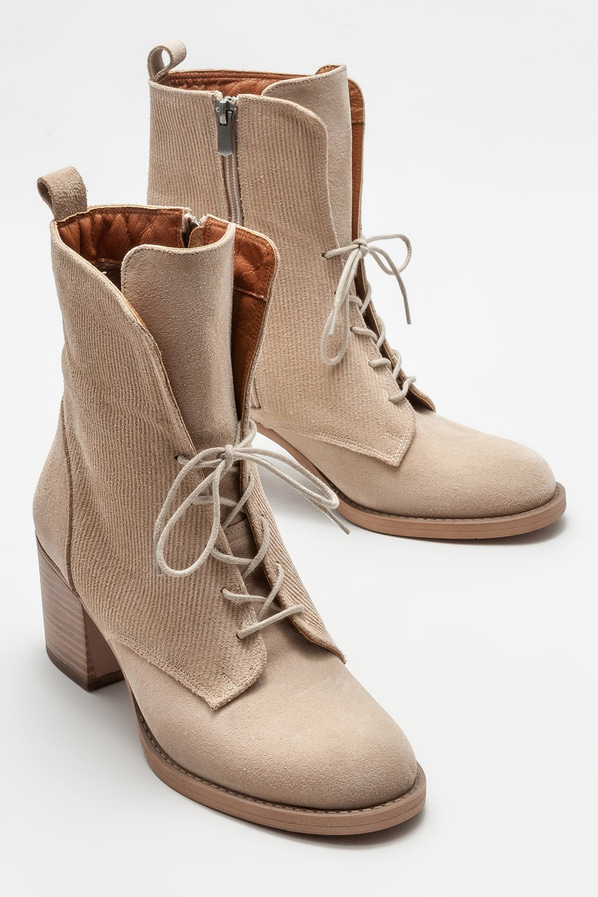 Bej deri topuklu kadın bot - Elle Shoes