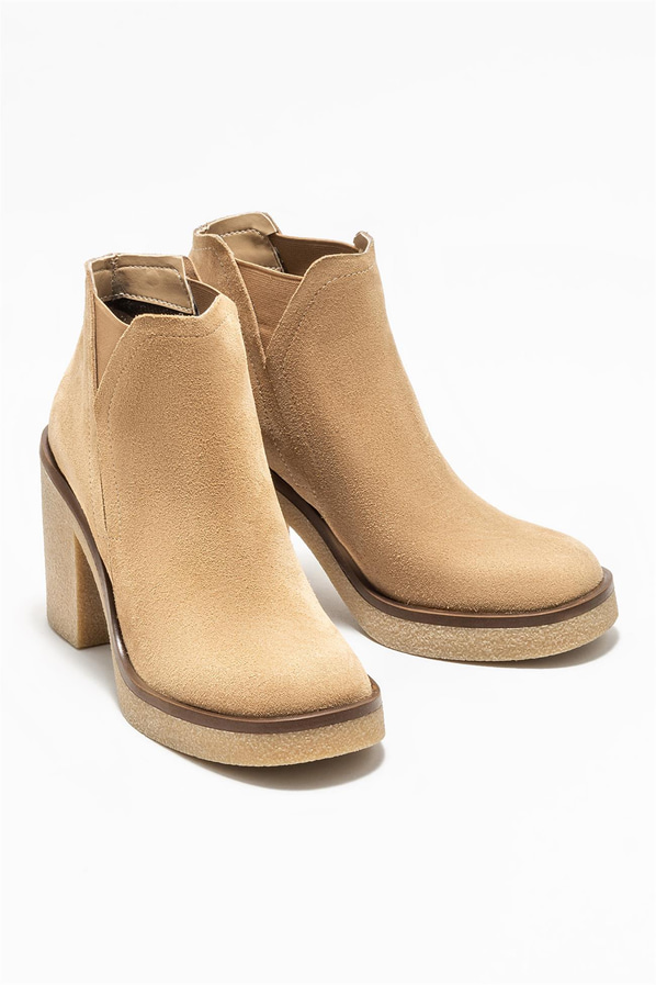 Bej deri topuklu kadın bot - Elle Shoes