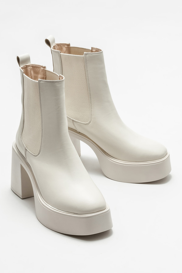 Bej deri topuklu kadın bot - Elle Shoes