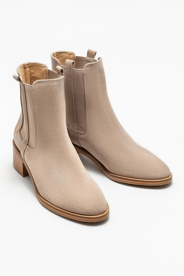 Bej deri topuklu kadın bot - Elle Shoes