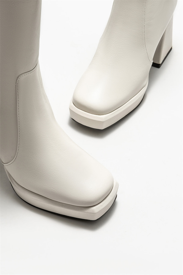 Bej deri topuklu kadın bot - Elle Shoes