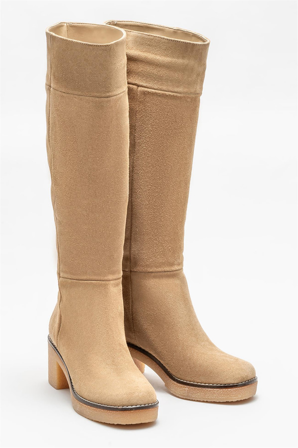 Bej deri topuklu kadın çizme - Elle Shoes