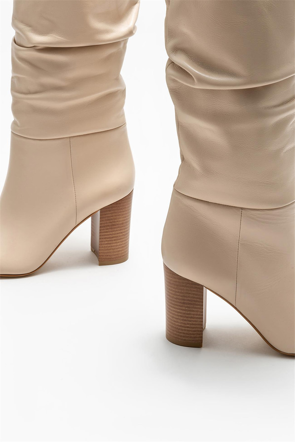 Bej deri topuklu kadın çizme - Elle Shoes