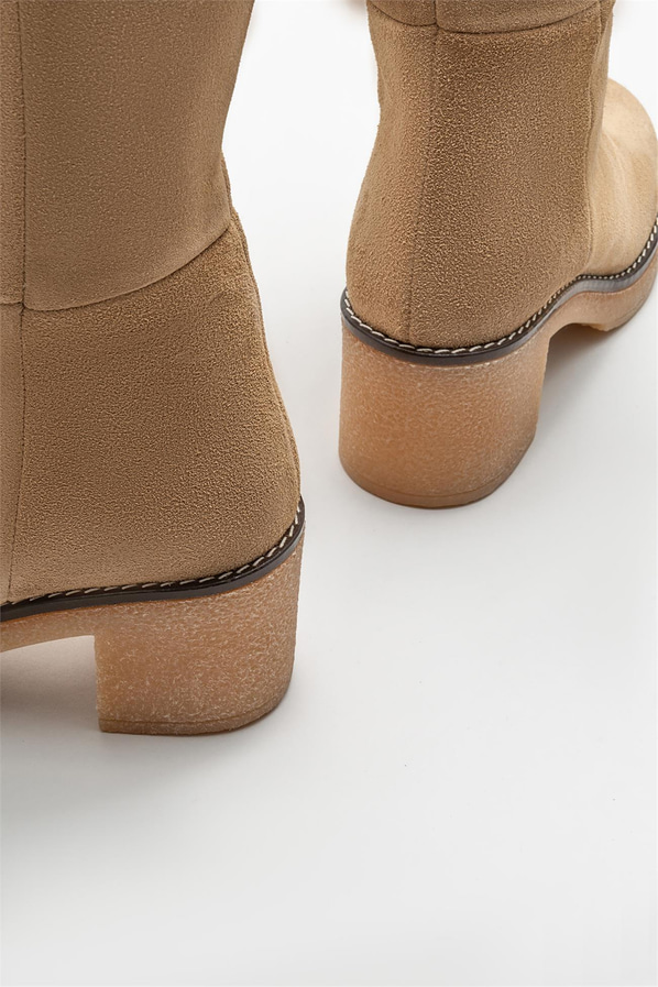 Bej deri topuklu kadın çizme - Elle Shoes