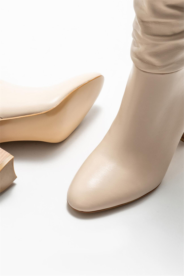 Bej deri topuklu kadın çizme - Elle Shoes