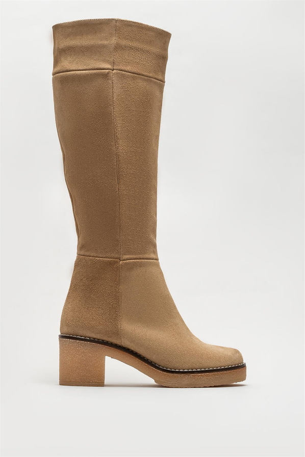 Bej deri topuklu kadın çizme - Elle Shoes