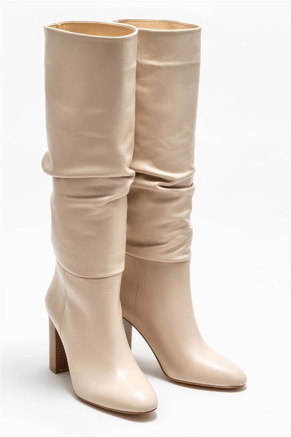 Bej deri topuklu kadın çizme - Elle Shoes