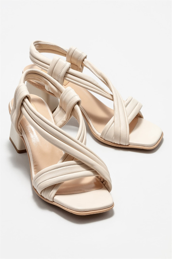 Bej deri topuklu kadın sandalet - Elle Shoes