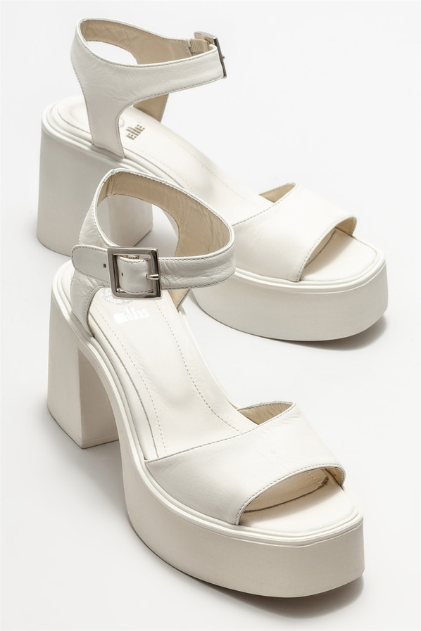 Bej deri topuklu kadın sandalet - Elle Shoes