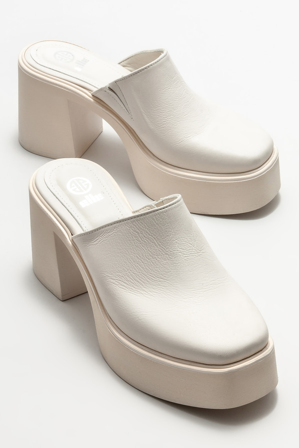 Bej deri topuklu kadın terlik - Elle Shoes