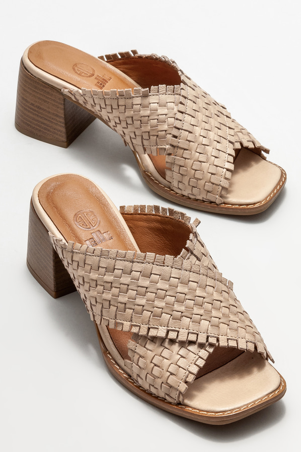 Bej deri topuklu kadın terlik - Elle Shoes