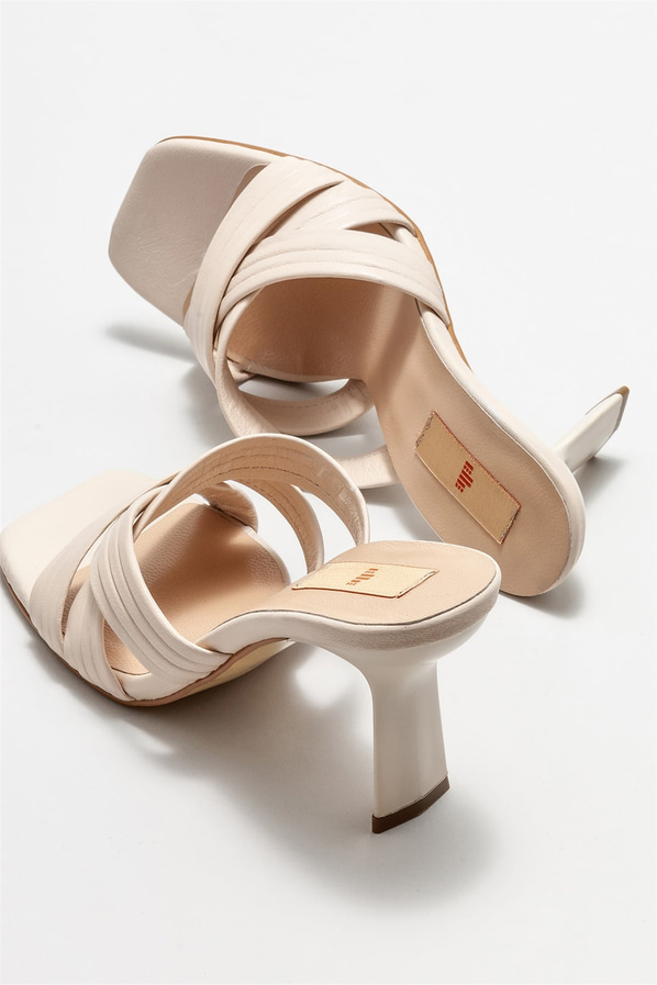 Bej deri topuklu kadın terlik - Elle Shoes