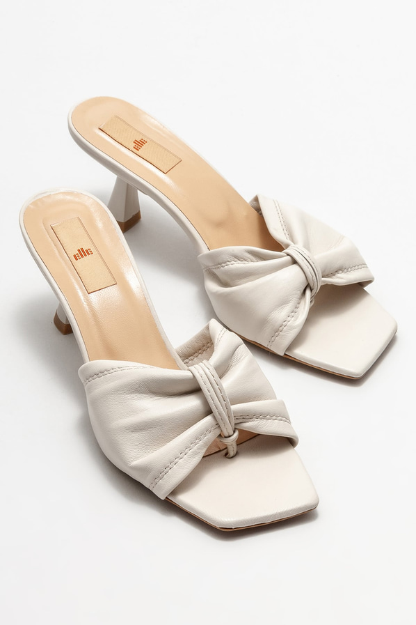 Bej deri topuklu kadın terlik - Elle Shoes