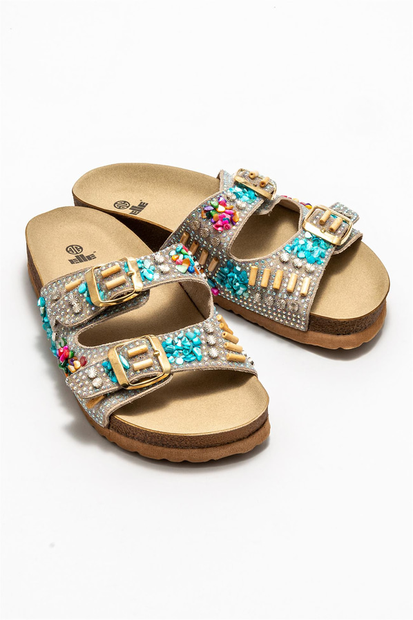Bej deri kadın düz terlik - Elle Shoes