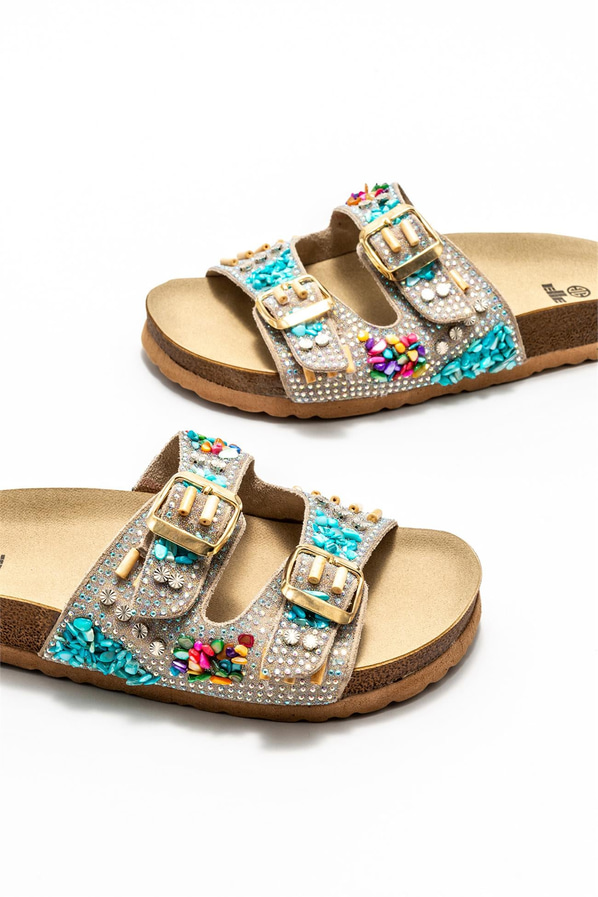 Bej deri kadın düz terlik - Elle Shoes