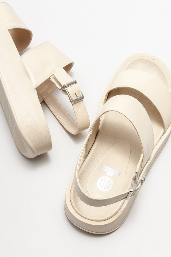 Bej dolgu topuklu kadın sandalet - Elle Shoes