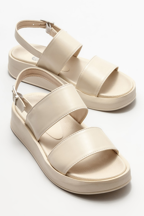 Bej dolgu topuklu kadın sandalet - Elle Shoes