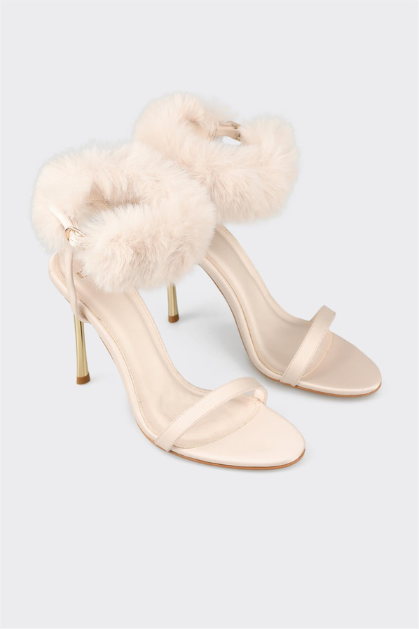Bej örgü dokulu topuklu kadın sandalet, rahat kullanım için - Elle Shoes