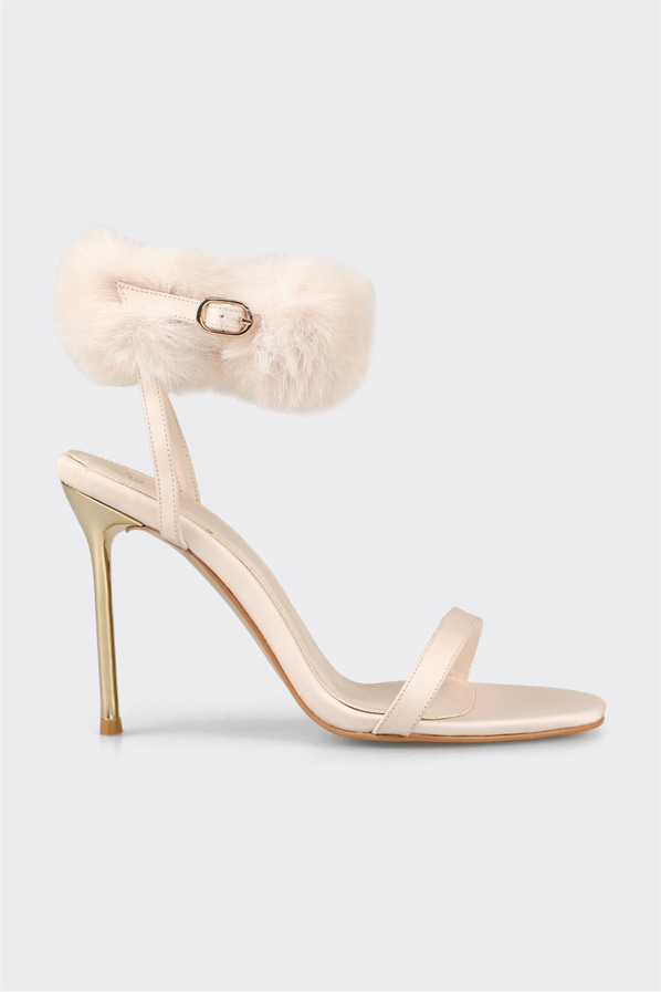 Bej örgü dokulu topuklu kadın sandalet, rahat kullanım için - Elle Shoes