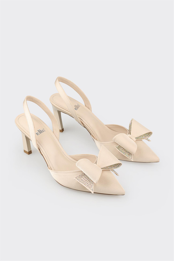Bej sivri burunlu ince topuklu kadın ayakkabı, ofis stili için - Elle Shoes