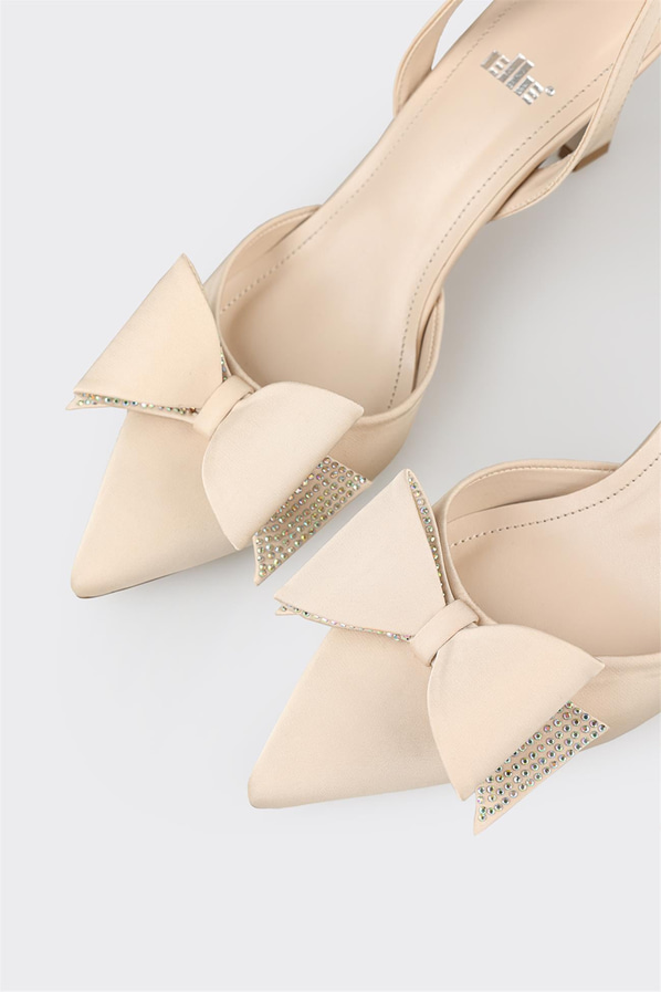 Bej sivri burunlu ince topuklu kadın ayakkabı, ofis stili için - Elle Shoes