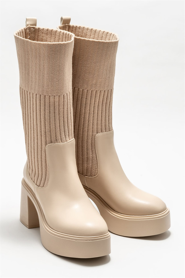 Bej topuklu kadın bot - Elle Shoes