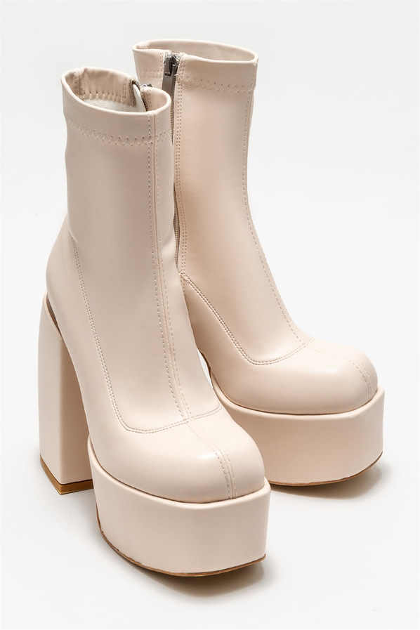 Bej topuklu kadın bot - Elle Shoes