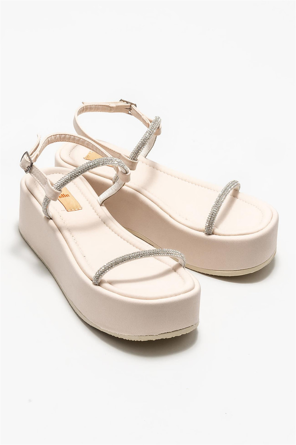 Bej dolgu topuklu kadın sandalet, rahat kullanım için - Elle Shoes