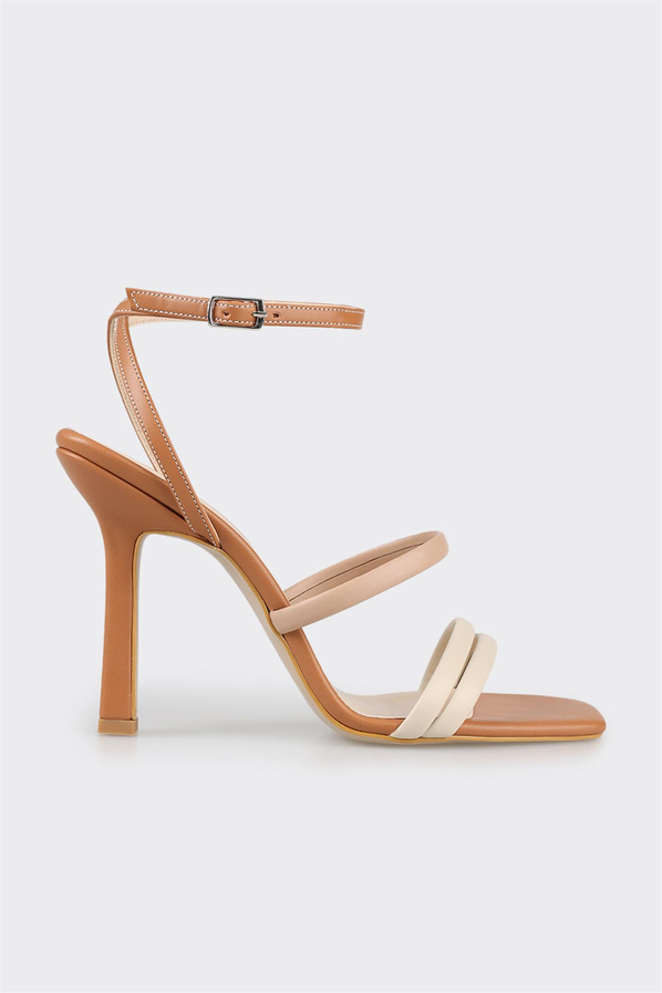 Bej ince topuklu bantlı kadın sandalet, ofis stili için - Elle Shoes