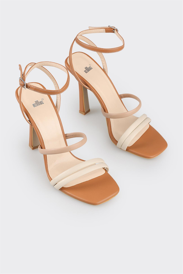 Bej ince topuklu bantlı kadın sandalet, ofis stili için - Elle Shoes