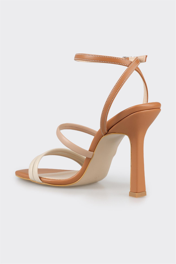 Bej ince topuklu bantlı kadın sandalet, ofis stili için - Elle Shoes