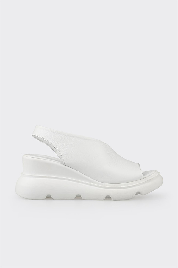 Beyaz deri dolgu topuklu kadın sandalet - Elle Shoes