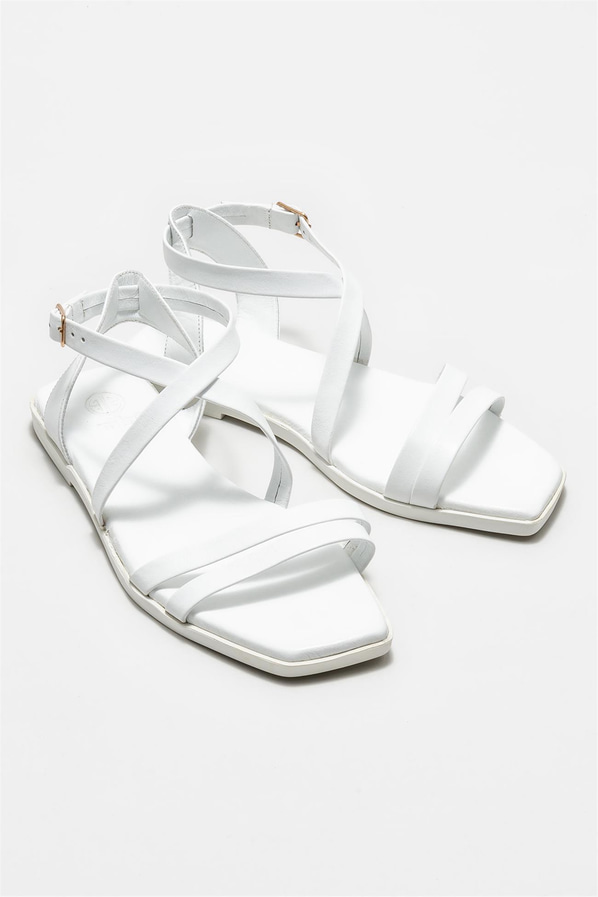 Beyaz deri düz kadın sandalet - Elle Shoes