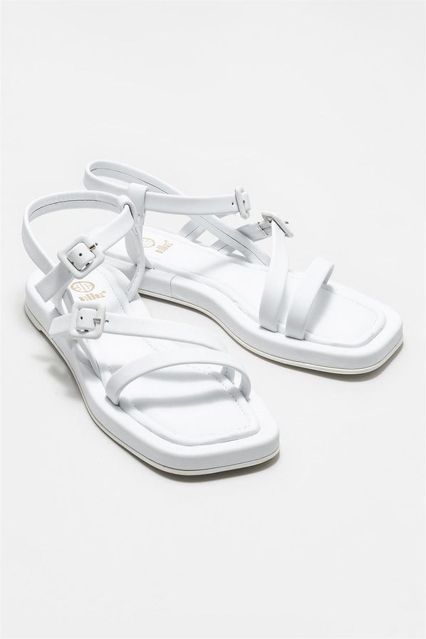 Beyaz deri düz kadın sandalet - Elle Shoes