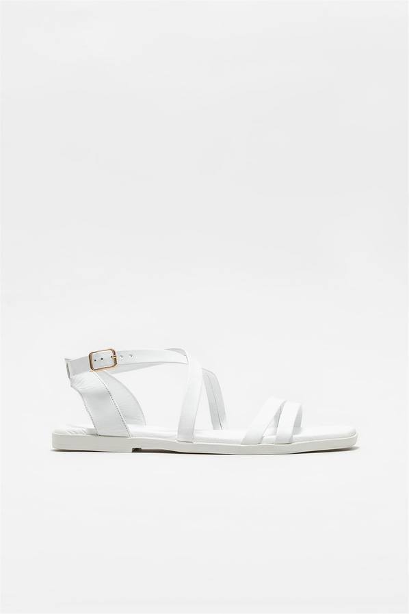 Beyaz deri düz kadın sandalet - Elle Shoes