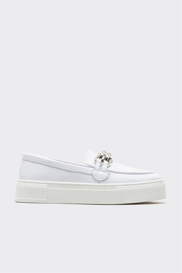 Beyaz deri kadın düz ayakkabı, günlük kullanım için - Elle Shoes