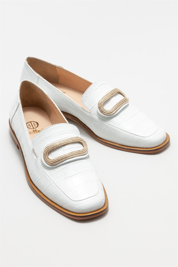 Beyaz deri kadın loafer - Elle Shoes