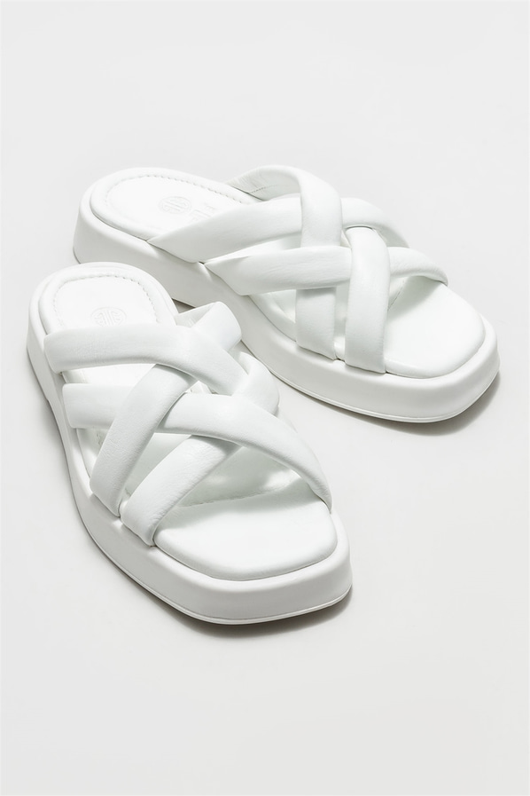 Beyaz deri kadın düz terlik - Elle Shoes