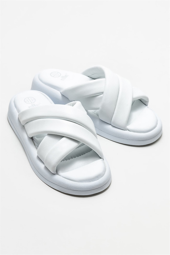 Beyaz deri kadın düz terlik - Elle Shoes