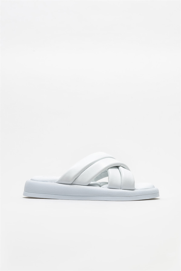Beyaz deri kadın düz terlik - Elle Shoes