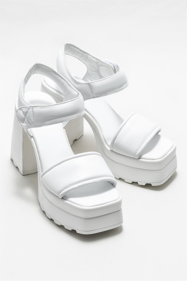 Beyaz deri topuklu kadın sandalet - Elle Shoes