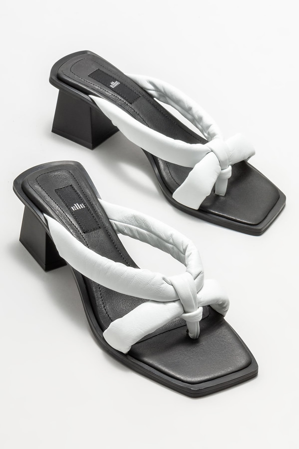 Beyaz deri topuklu kadın terlik - Elle Shoes