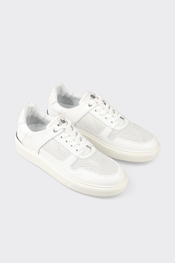 Beyaz deri ve tekstil erkek spor ayakkabı, casual stil için - Elle Shoes